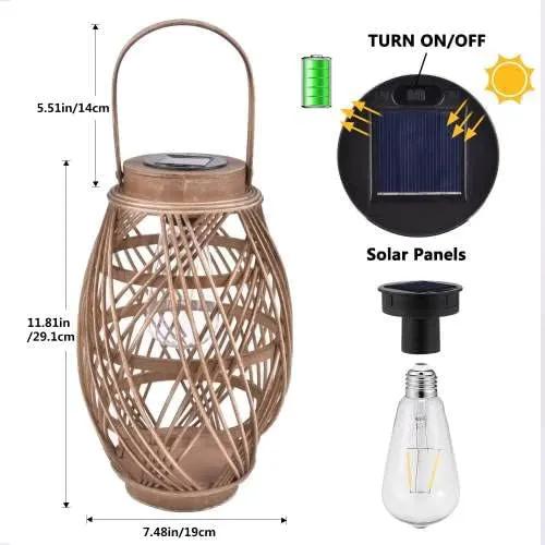 pearlstar Outdoor Solar Lanterns Light Rattan Bamboo Lamp with Handle for Hanging or Table Lamp for Patio Yard Garden Wedding Home Decoration, Edison Bulb, Auto on/Off(Style2) by GreenHaven Gardens