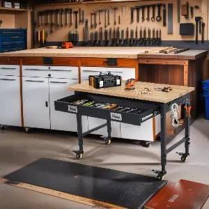 48x24 Inch Heavy-Duty Adjustable Workbench with Rubber Wood Top – 2000LB Capacity Mobile Garage Workstation with Drawer, Ideal for Workshop, DIY & Tool Storage by GreenHaven Gardens
