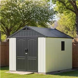 Patiowell 8 x 10 FT Resin Outdoor Storage Shed with Floor and Light, Large Plastic Barn with Lockable Door for Garden Tools, Backyard, Bike Storage, Easy Installation in Beige (Kick-it Shed) by GreenHaven Gardens
