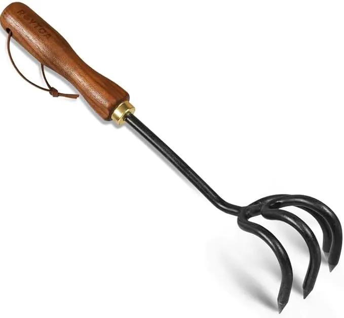 Hand Cultivator Rake, Ergonomic Small Garden Rake with Walnut Handle & 4 Durable Tines, Garden Tools for Weeding, Digging and Cultivating by GreenHaven Gardens