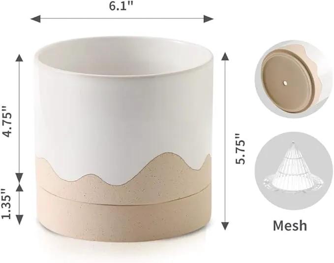 Nihow Ceramic Plant Pot: 6 Inch Planter with Drainage Hole & Saucer for Indoor & Outdoor Plants - Cylinder Round Flower Pot for Succulent/Herbs/Violets - White & Nature by GreenHaven Gardens
