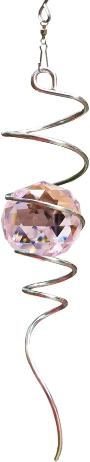 FONMY Gazing Ball Spiral Tail -Decorative Wind Spinner Sun Catcher Rainbow Maker 11 inch Tail and 2 inch Pink Crystal Orb. Indoor Outdoor Garden Decoration -13 inch Height by GreenHaven Gardens