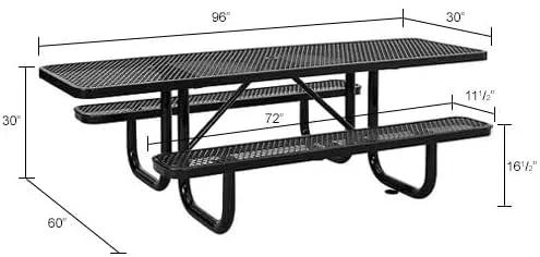 Global Industrial 8'L Rectangular Picnic Table, ADA Compliant, Expanded Metal, Black Thermoplastic Coating, Attached Benches, 1-1/2” Umbrella Pole Hole, Outdoor-Rated by GreenHaven Gardens