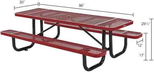 Global Industrial 8’L Rectangular Picnic Table, Expanded Metal, Red Thermoplastic Coating, Attached Benches, 1-1/2” Umbrella Pole Hole, Outdoor-Rated, 1000 lb Capacity, 96” x 30” Tabletop by GreenHaven Gardens