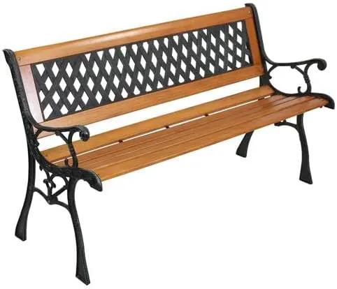 Outvita 49.5in Garden Bench, Deck Hardwood Seat and Metal Armrest Park Bench for Patio Front Porch Path Yard Lawn Poolside (Rhombic) by GreenHaven Gardens