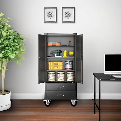 Aobabo Garage Metal Storage Cabinet with Wheels, Lockable Steel Storage Cabinet with 2 Large Drawer and 3 Adjustable Shelves, for Home, Office, Classroom, Black, Assembly Required by GreenHaven Gardens
