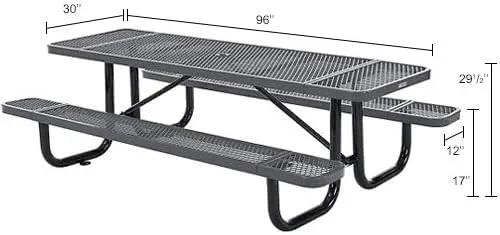 Global Industrial 8’L Rectangular Picnic Table, Expanded Metal, Gray Thermoplastic Coating, Attached Benches, 1-1/2” Umbrella Pole Hole, Outdoor-Rated, 1000 lb Capacity, 96” x 30” Tabletop by GreenHaven Gardens