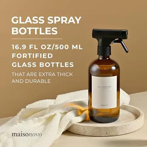MaisoNovo Glass Spray Bottle - 16.9 fl oz Amber x 2 with 16 Labels by GreenHaven Gardens