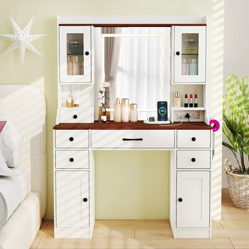 41.5 Inch Makeup Dressing Table with Power Outlets and 3 Color Lighting Modes-White+ by DirectDeals