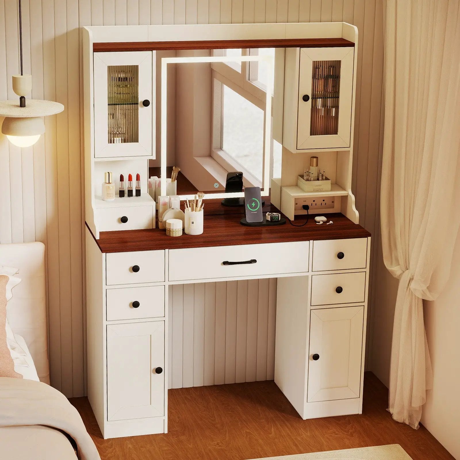 41.5 Inch Makeup Dressing Table with Power Outlets and 3 Color Lighting Modes-White+ by DirectDeals