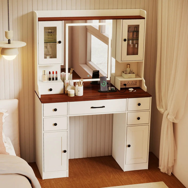 41.5 Inch Makeup Dressing Table with Power Outlets and 3 Color Lighting Modes-White+ by DirectDeals