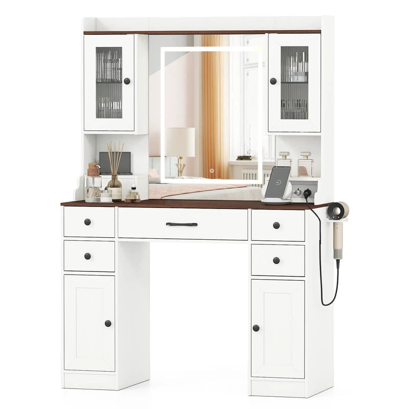 41.5 Inch Makeup Dressing Table with Power Outlets and 3 Color Lighting Modes-White+ by DirectDeals