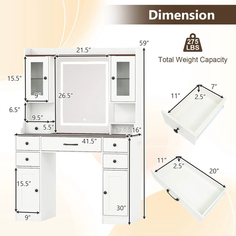 41.5 Inch Makeup Dressing Table with Power Outlets and 3 Color Lighting Modes-White+ by DirectDeals