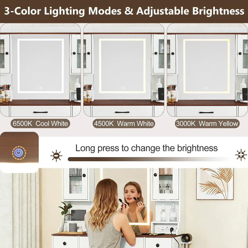 41.5 Inch Makeup Dressing Table with Power Outlets and 3 Color Lighting Modes-White+ by DirectDeals