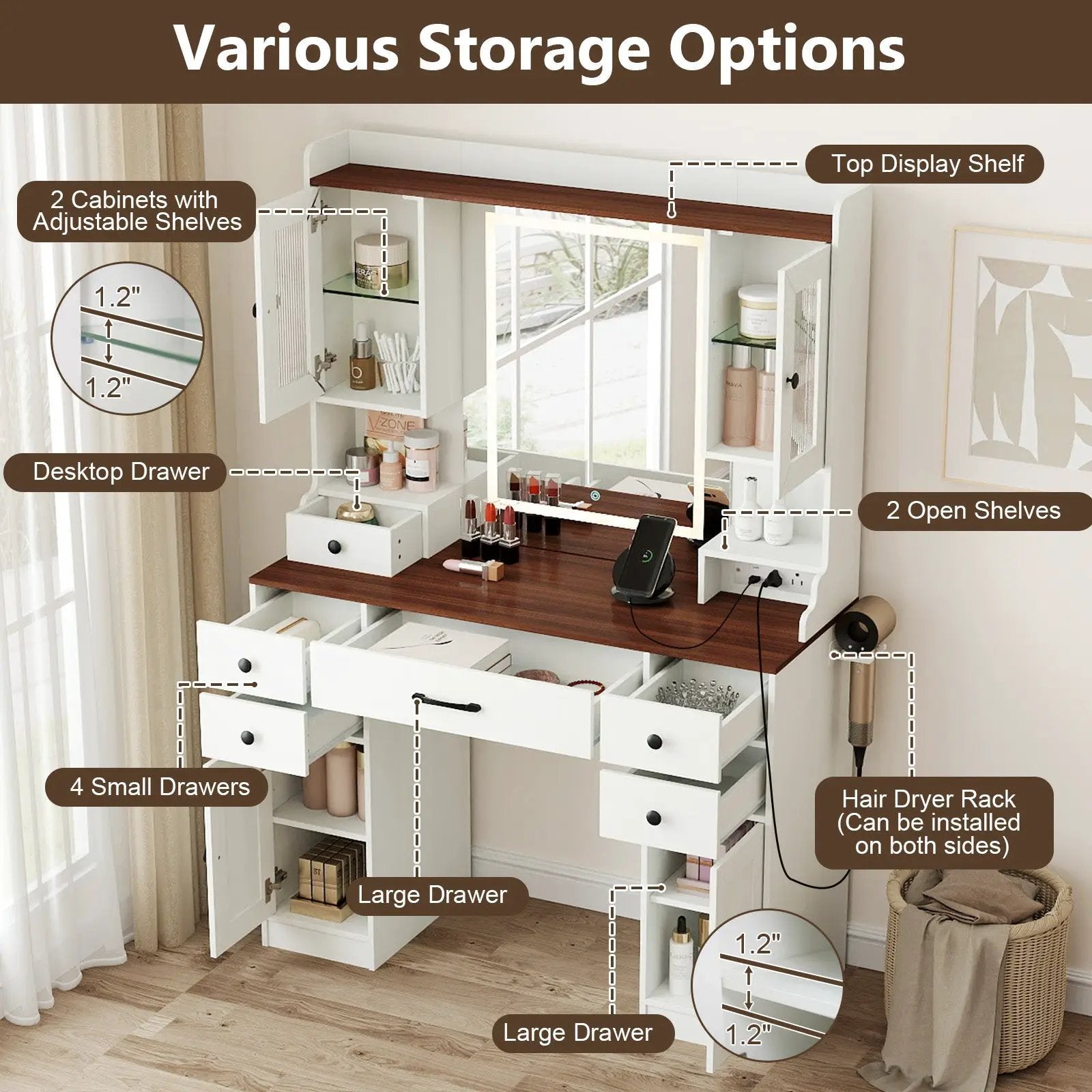 41.5 Inch Makeup Dressing Table with Power Outlets and 3 Color Lighting Modes-White+ by DirectDeals
