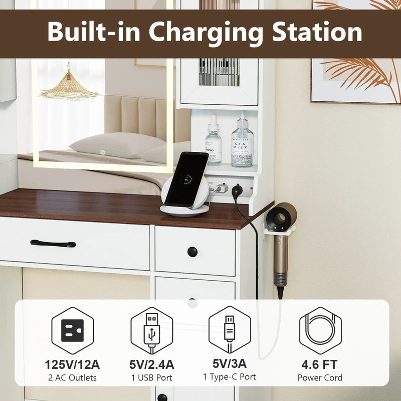 41.5 Inch Makeup Dressing Table with Power Outlets and 3 Color Lighting Modes-White+ by DirectDeals