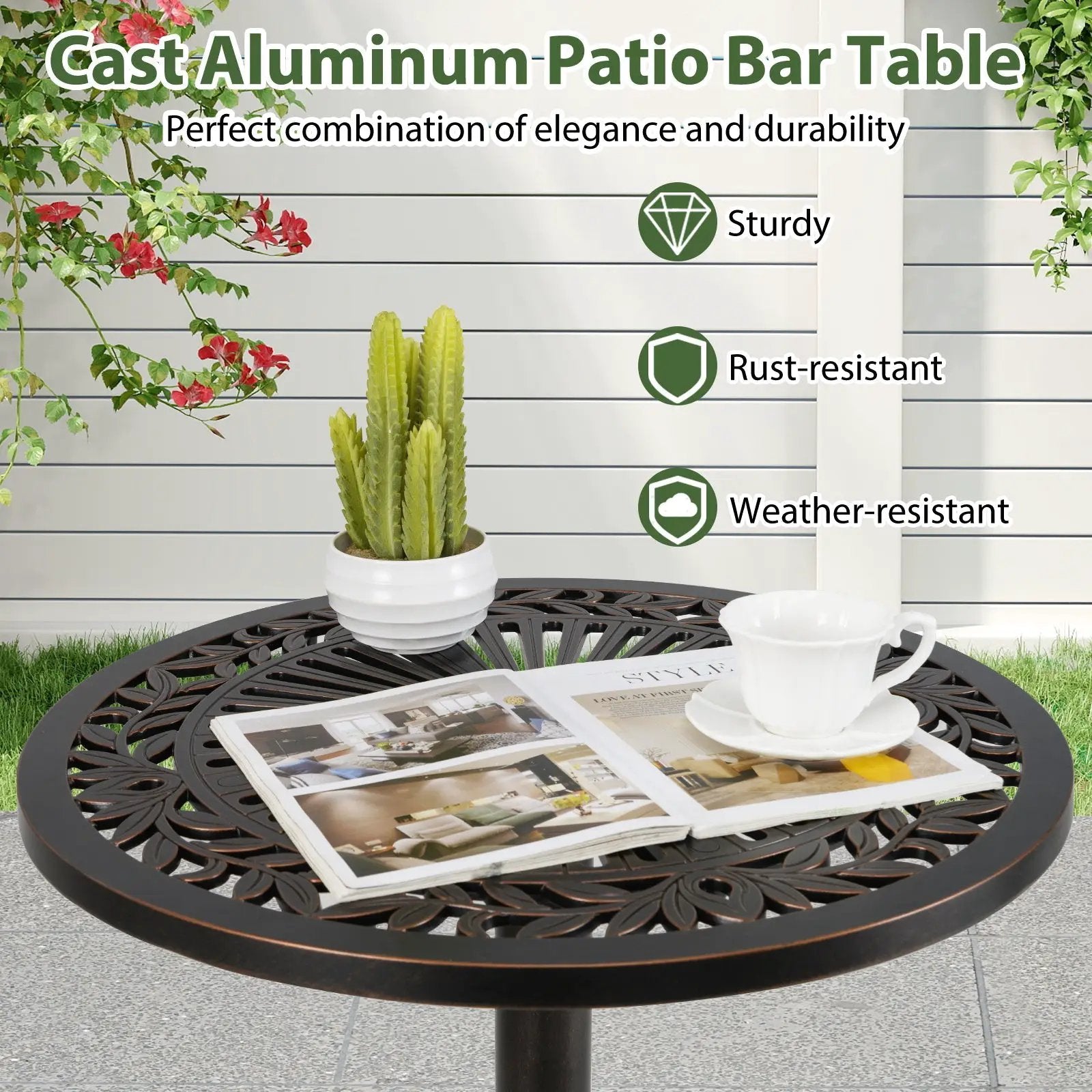 41.5 Inch Patio Round Bar Table Cast Aluminum Bistro Table for Garden-Bronze by DirectDeals
