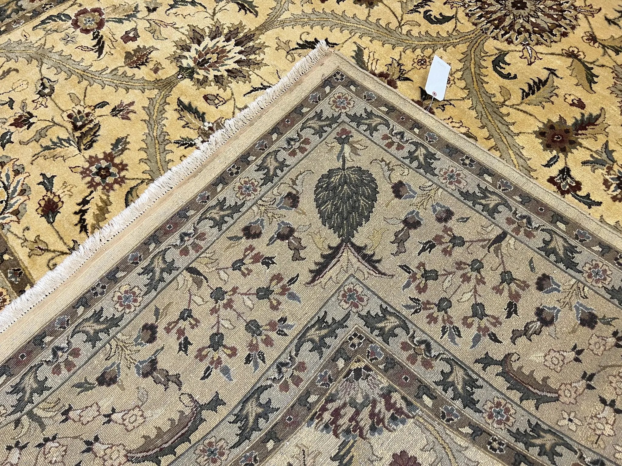 Indo Persian Mahal Rug 10x14, Wool Hand Knotted Oriental Carpet, Cream Floral Allover, Vintage Area Rug 10 x 14, Traditional Rug, Handmade by Jewel Rugs