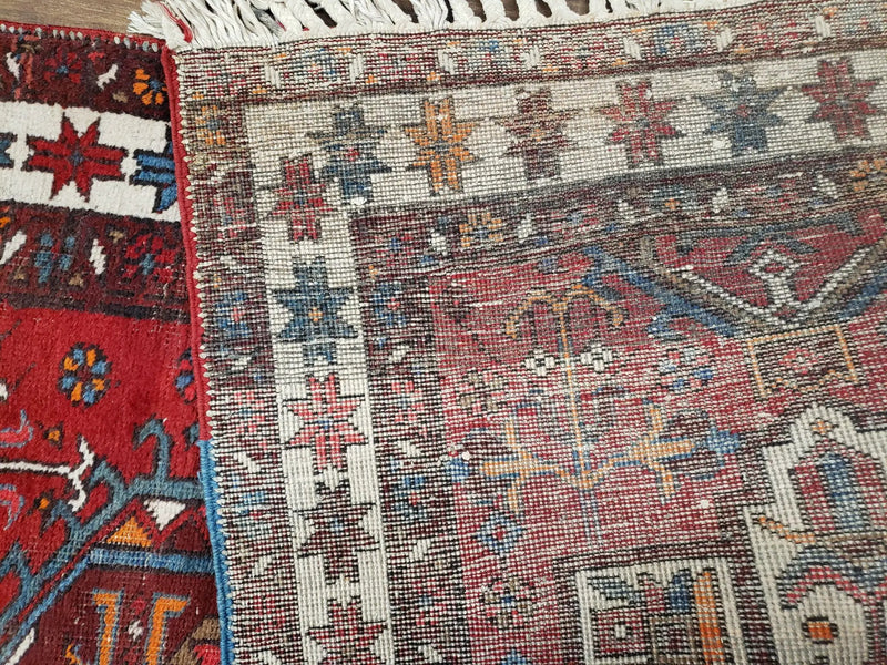 Antique Persian Heriz Karajeh Runner Rug 3x11, Hand-Knotted Red Geometric Medallions by Jewel Rugs