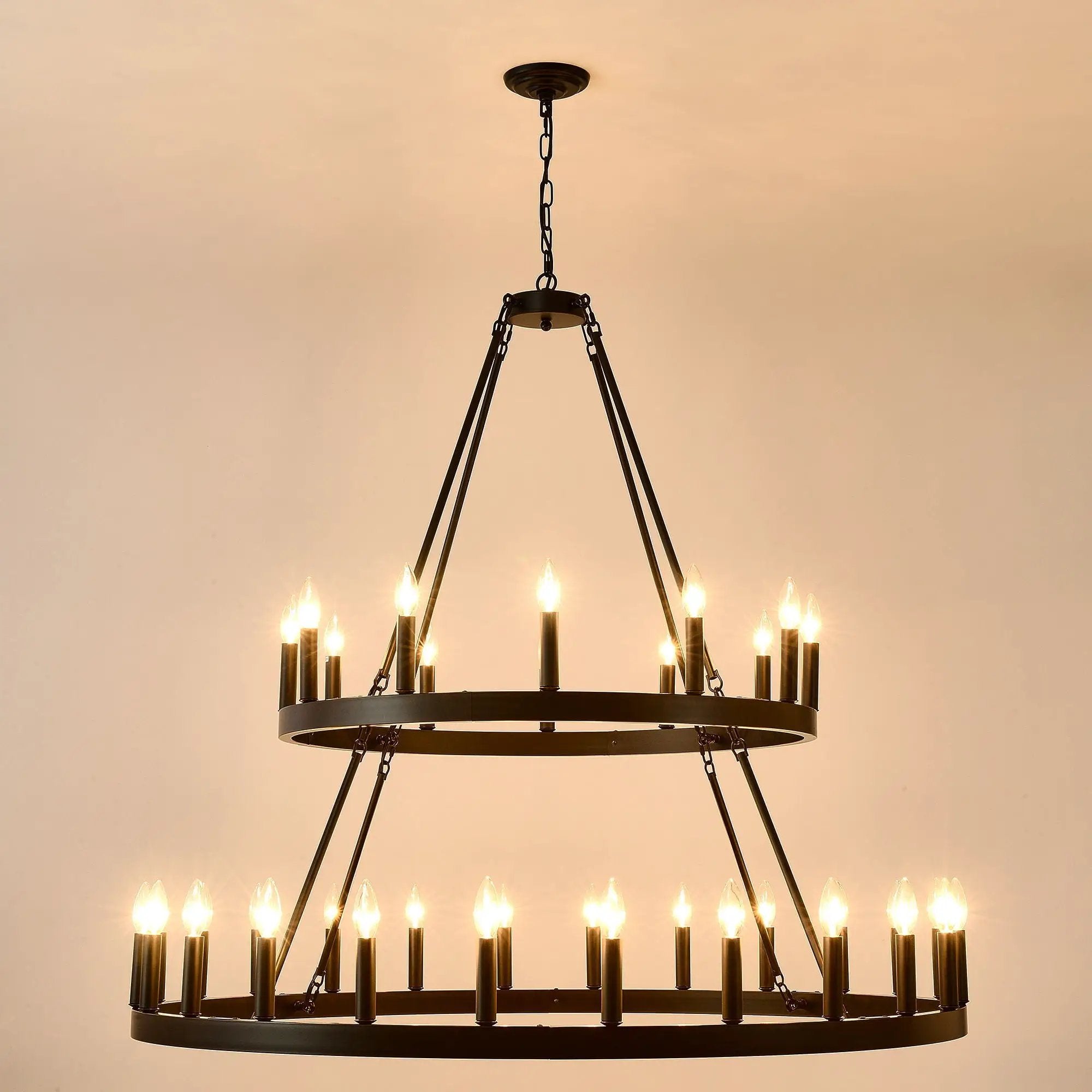 2 Tiers Wagon Wheel Chandelier Wooden Farmhouse 36 Light (24 / 12) Or (12 / 24) Metal Chandeliers 2 Story Light Fixtures Industrial For High Ceiling Living Dining Room Foyer, Adjustable Height - Black by HouseOfZazla