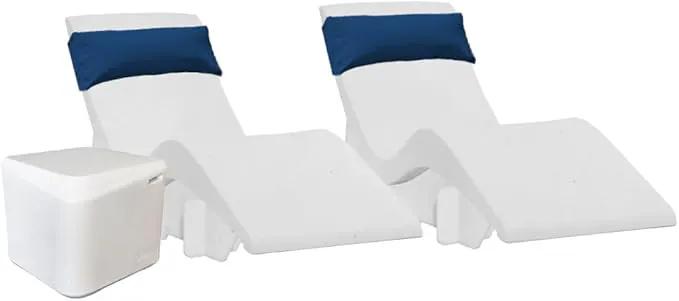 Aqua Outdoors in-Pool DEEP Ledge Chaise Set - Two Chaises - Two Headrest Pillows - Chaise Risers and One Large in Pool Side Table - for ledges 9"-14" inches Deep (White Granite-Navy) by GreenHaven Gardens