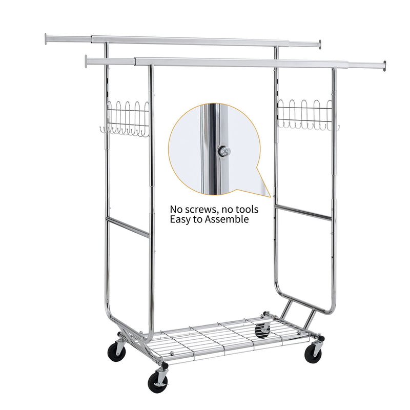 Heavy Duty Double Clothing Garment Rack With Shelves - Silver by HouseOfZazla