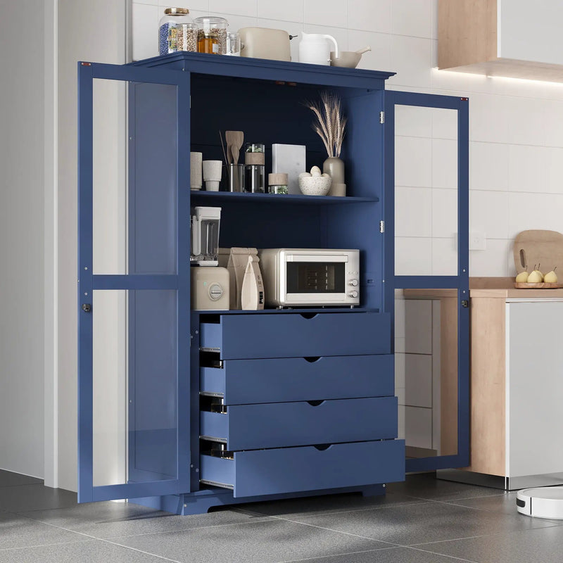Kitchen Pantry, Freestanding Kitchen Storage Cabinet Display Cabinet With Glass Doors And 4 Built In Drawers For Living Room, Home Office - Blue by HouseOfZazla
