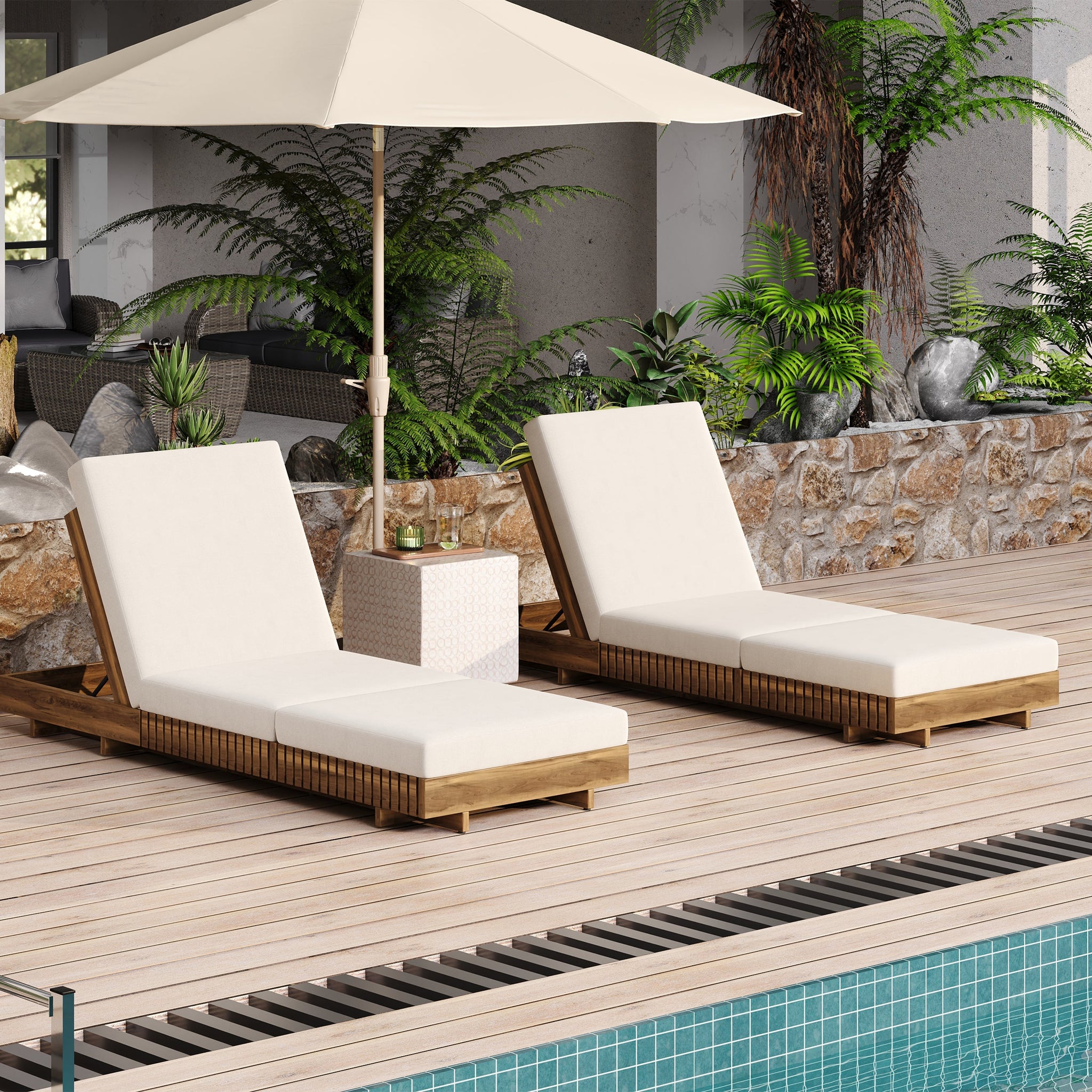 Lounge Chaise Set, Acacia Solid Wood with Cream Lounge Cushion by HouseOfZazla