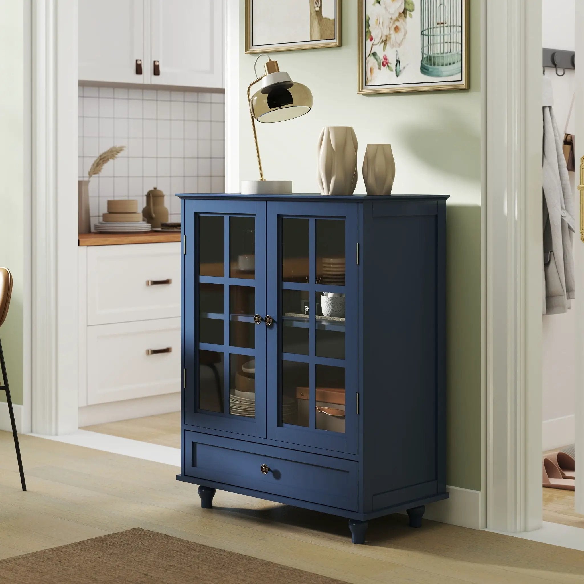 Minimalist Buffet Cabinet With Double Glass Doors And Drawer