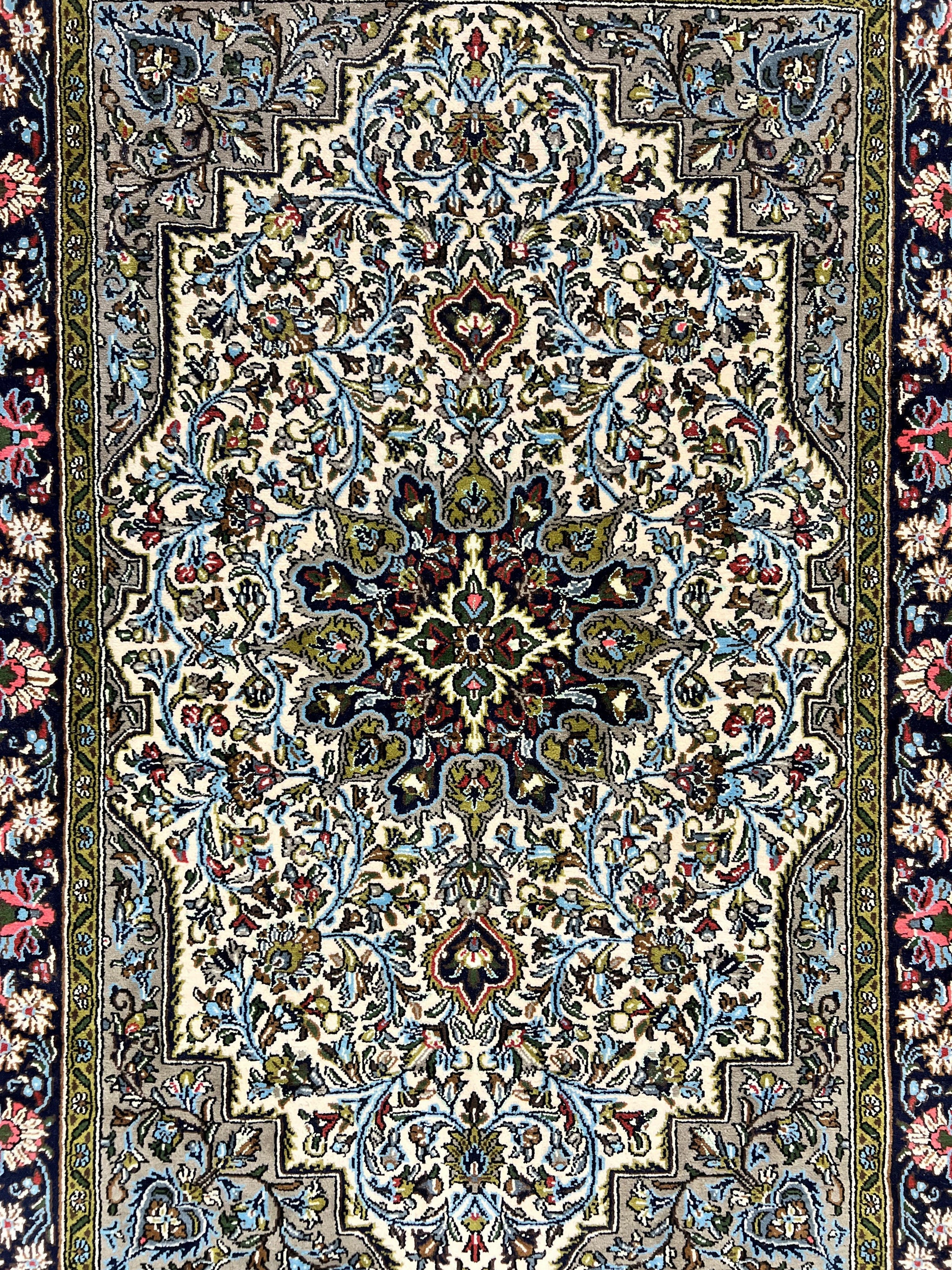 Persian Qum Rug 3x5, Wool with Silk Highlights, Handmade Semi Antique Carpet, Ivory & Navy Blue, Floral Medallion, Finely Hand Knotted by Jewel Rugs