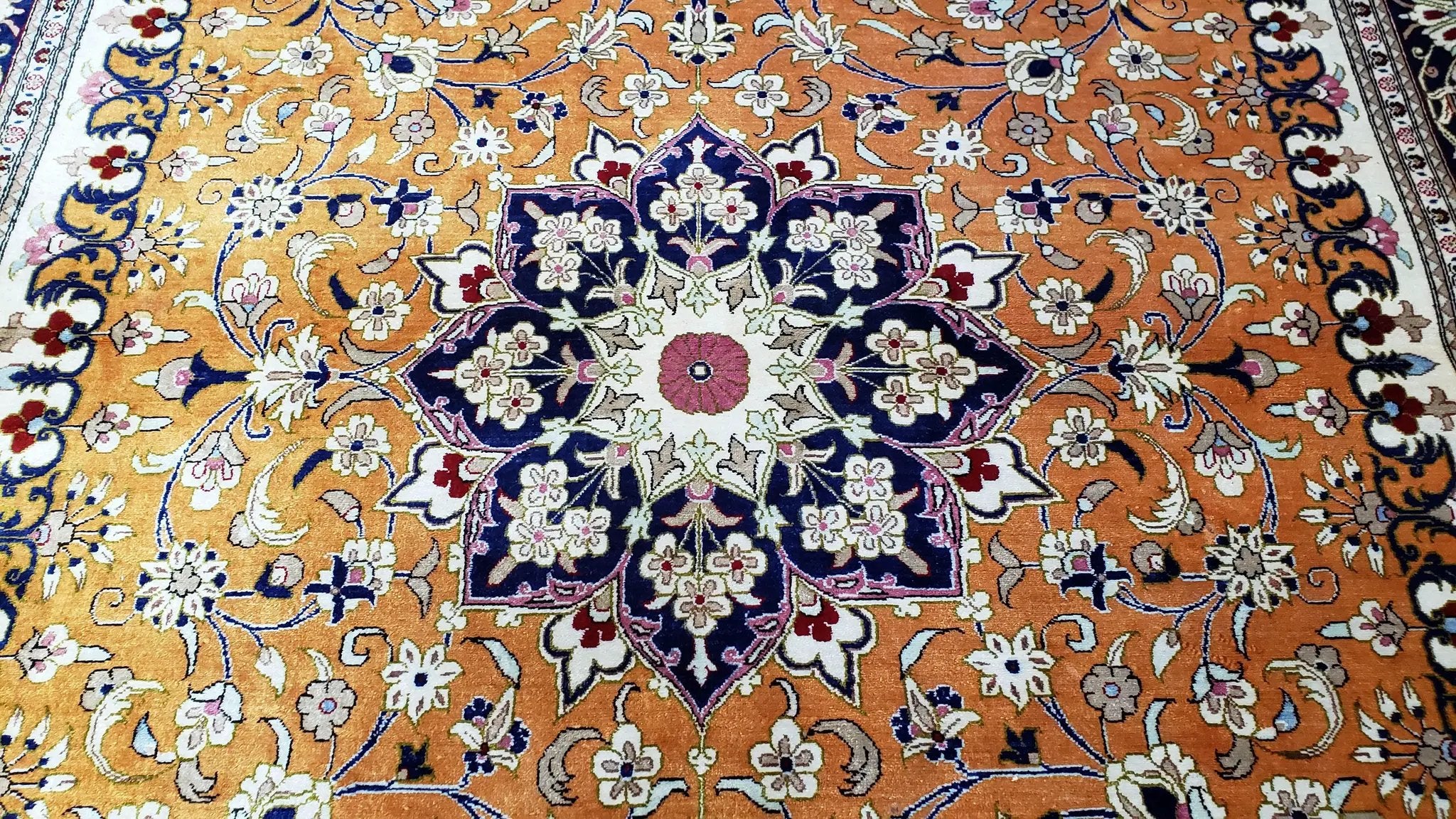 Vintage Persian Qum Silk Rug 4.6 x 6.7, Burnt Orange and Navy Blue, Antique Oriental Very Fine Signature Master Weaver 350+ KPSI Ghom Qom 5x7 Rug by Jewel Rugs