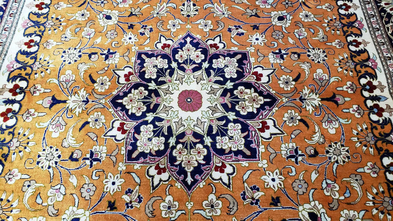 Vintage Persian Qum Silk Rug 4.6 x 6.7, Burnt Orange and Navy Blue, Antique Oriental Very Fine Signature Master Weaver 350+ KPSI Ghom Qom 5x7 Rug by Jewel Rugs