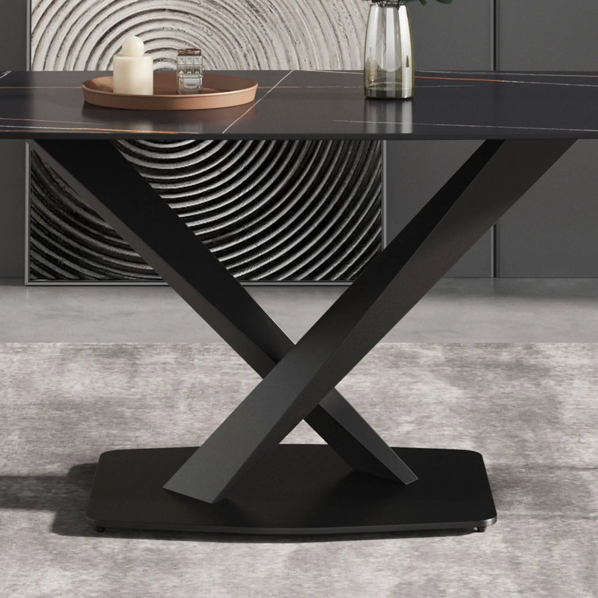 63" Artificial Stone Black Curved Black Metal Leg Dining Table - Black by HouseOfZazla