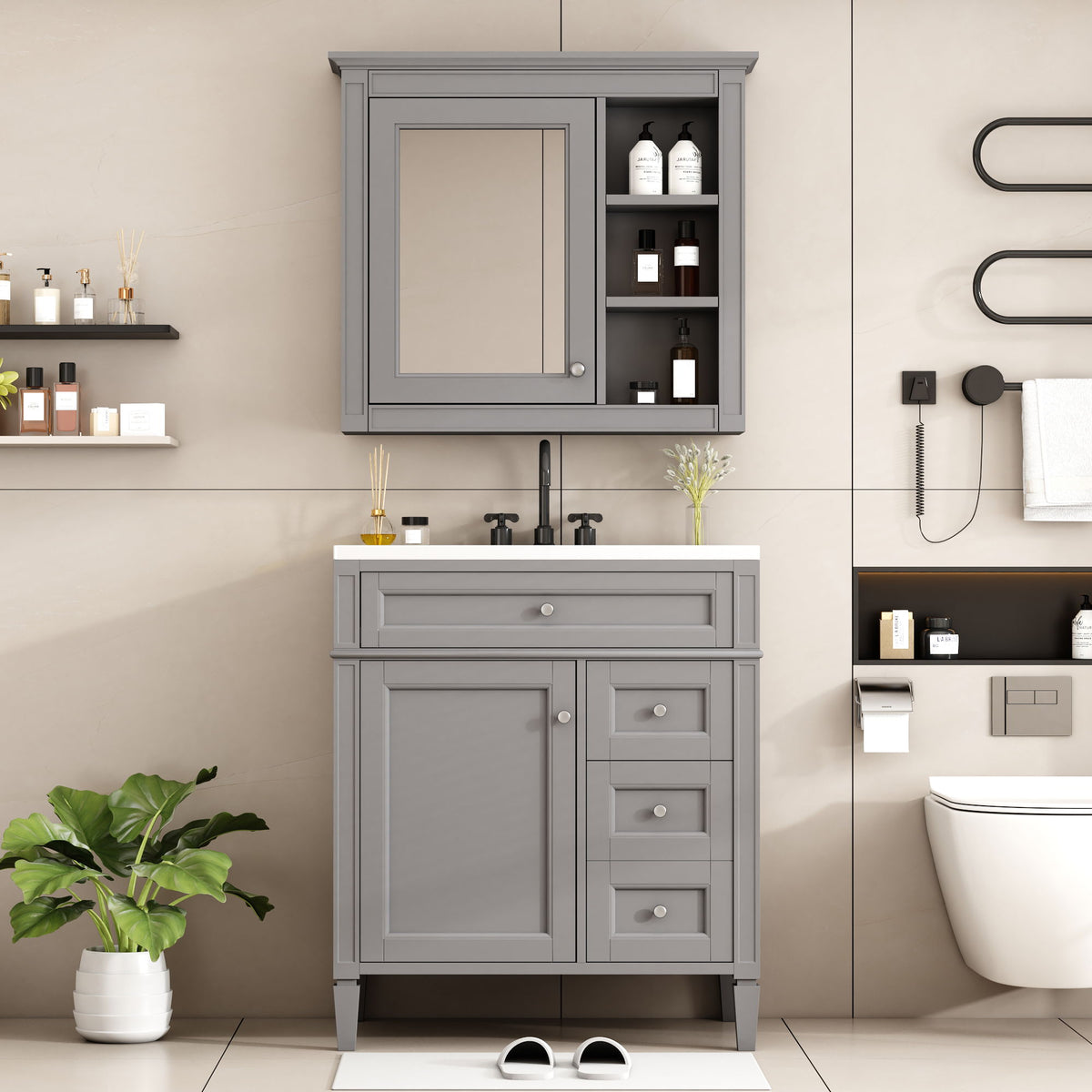 Gray Bathroom Vanity with Ceramic Sink, Storage Cabinet & Mirror, photo 2 of 4
