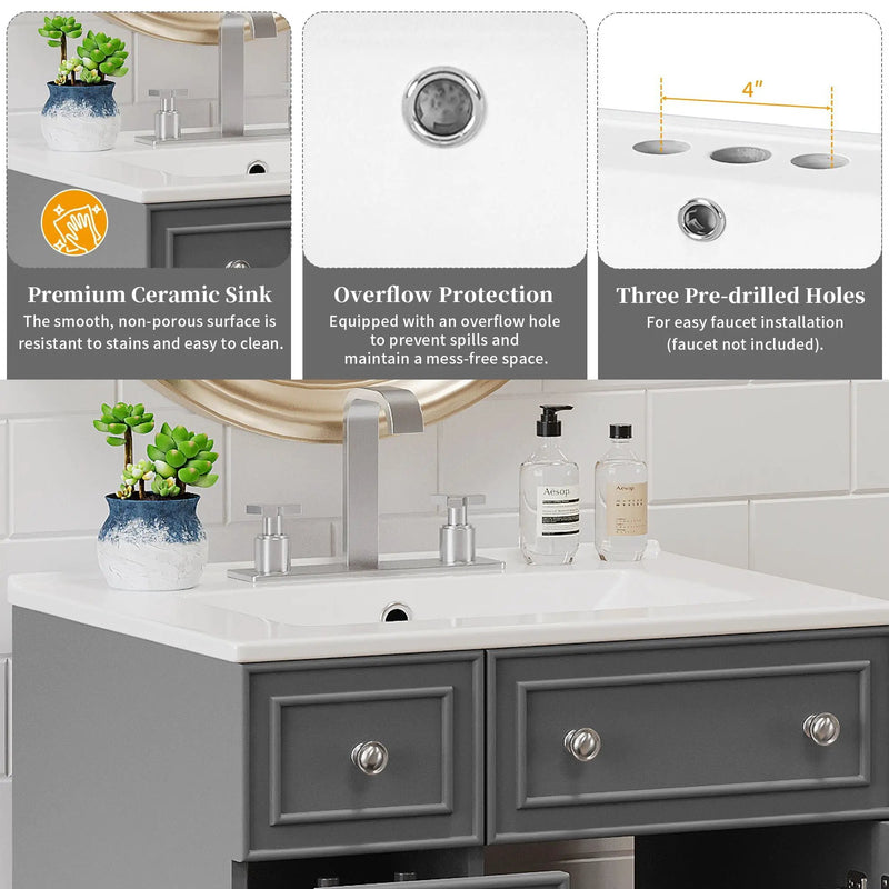 Transitional Style Bathroom Vanity Cabinet With Ceramic Sink