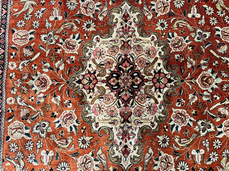Persian Qum Silk Rug 5x7 - Floral Medallion, Birds, Orange-Red by Jewel Rugs