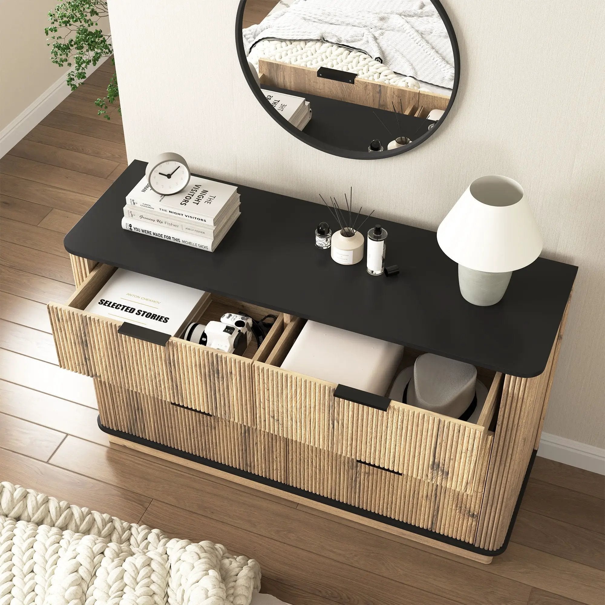 Modern 6 Drawer Cabinet With Metal Rounded Corners And Exquisite Handles Multi Functional Storage - Natural Wood by HouseOfZazla