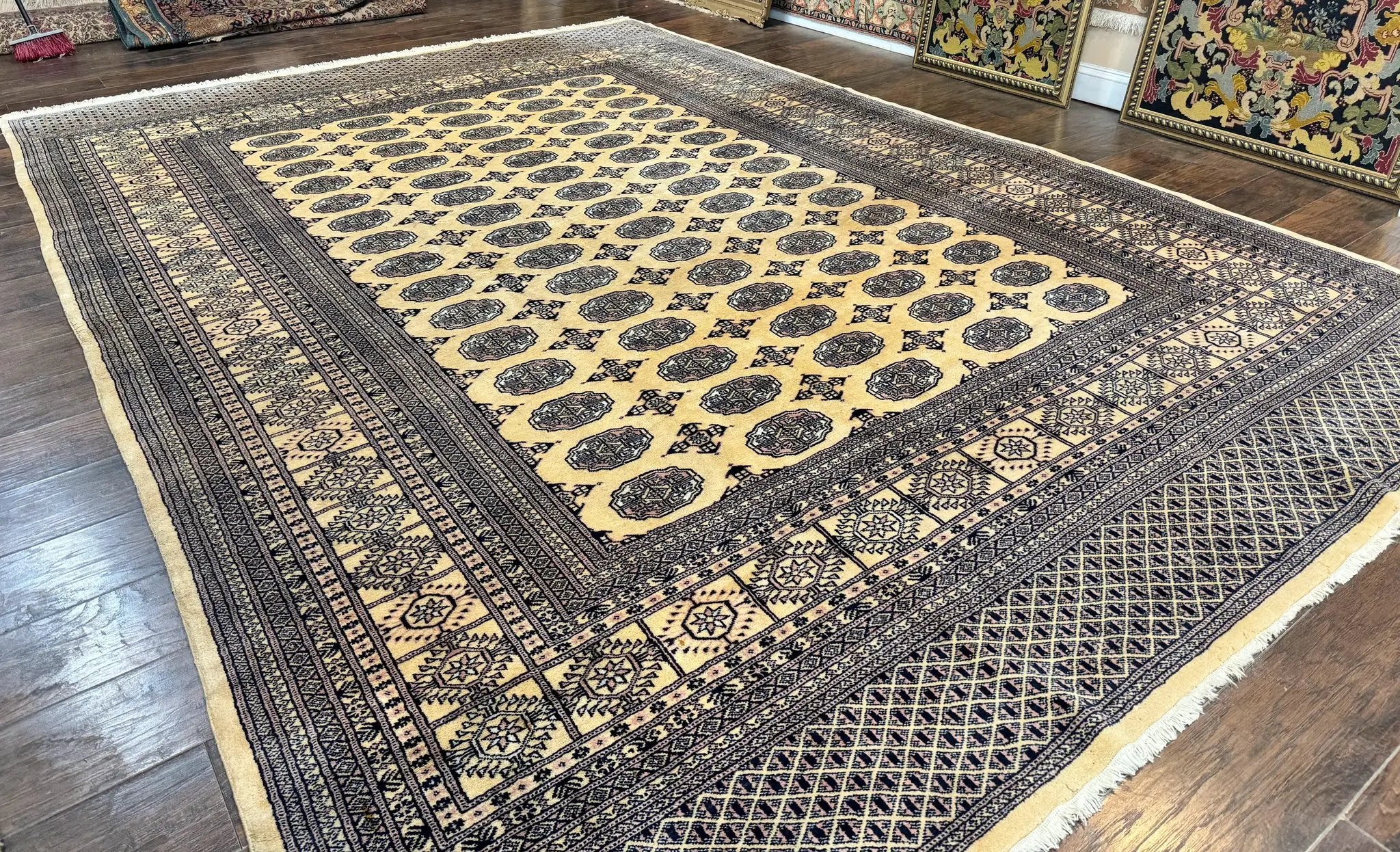 Pakistani Bokhara Turkoman Rug 9x11, Cream, Handmade Wool Vintage Carpet by Jewel Rugs