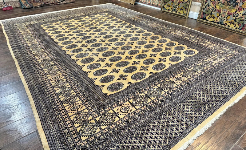 Pakistani Bokhara Turkoman Rug 9x11, Cream, Handmade Wool Vintage Carpet by Jewel Rugs