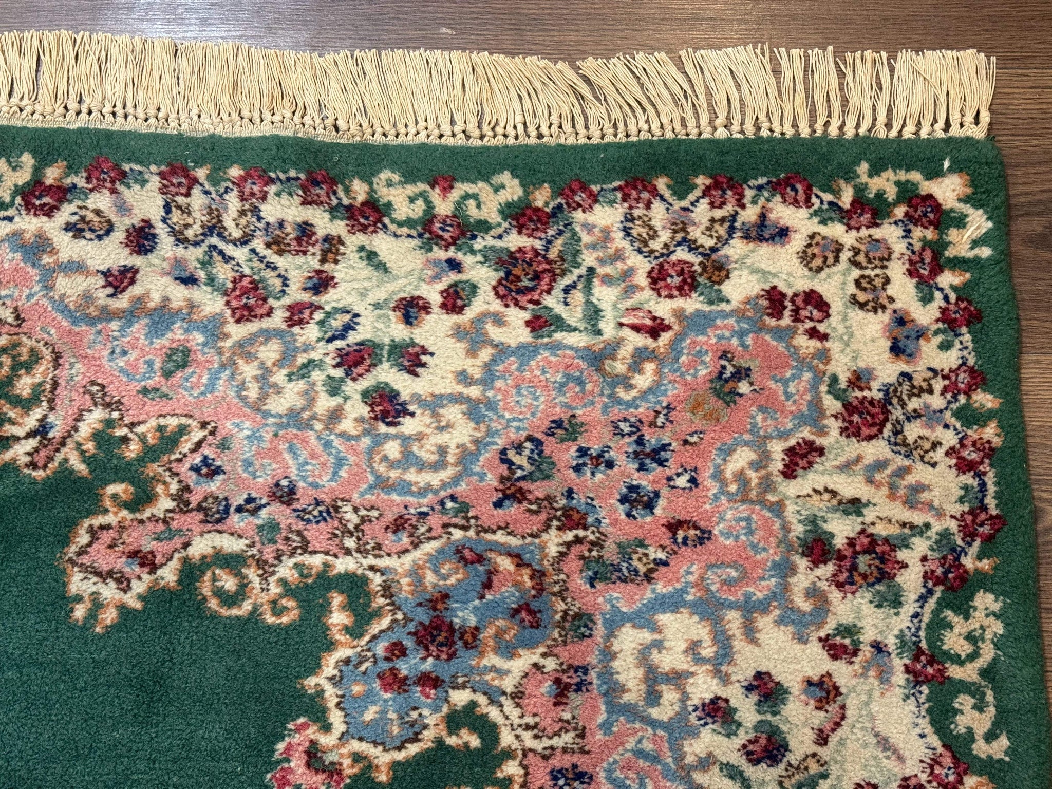 Persian Kerman Rug 4x6, Green Ivory Pink, Wool Vintage, Semi Open Field by Jewel Rugs