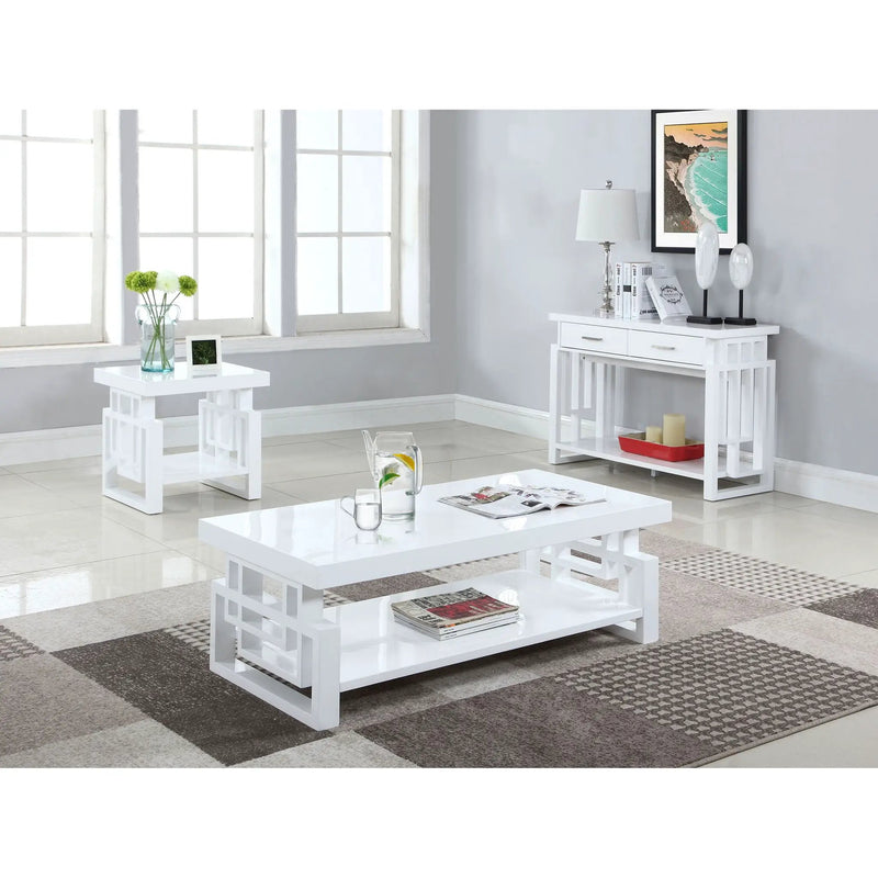 Rectangular End Table With Geometric Design And Open Shelf - White by HouseOfZazla