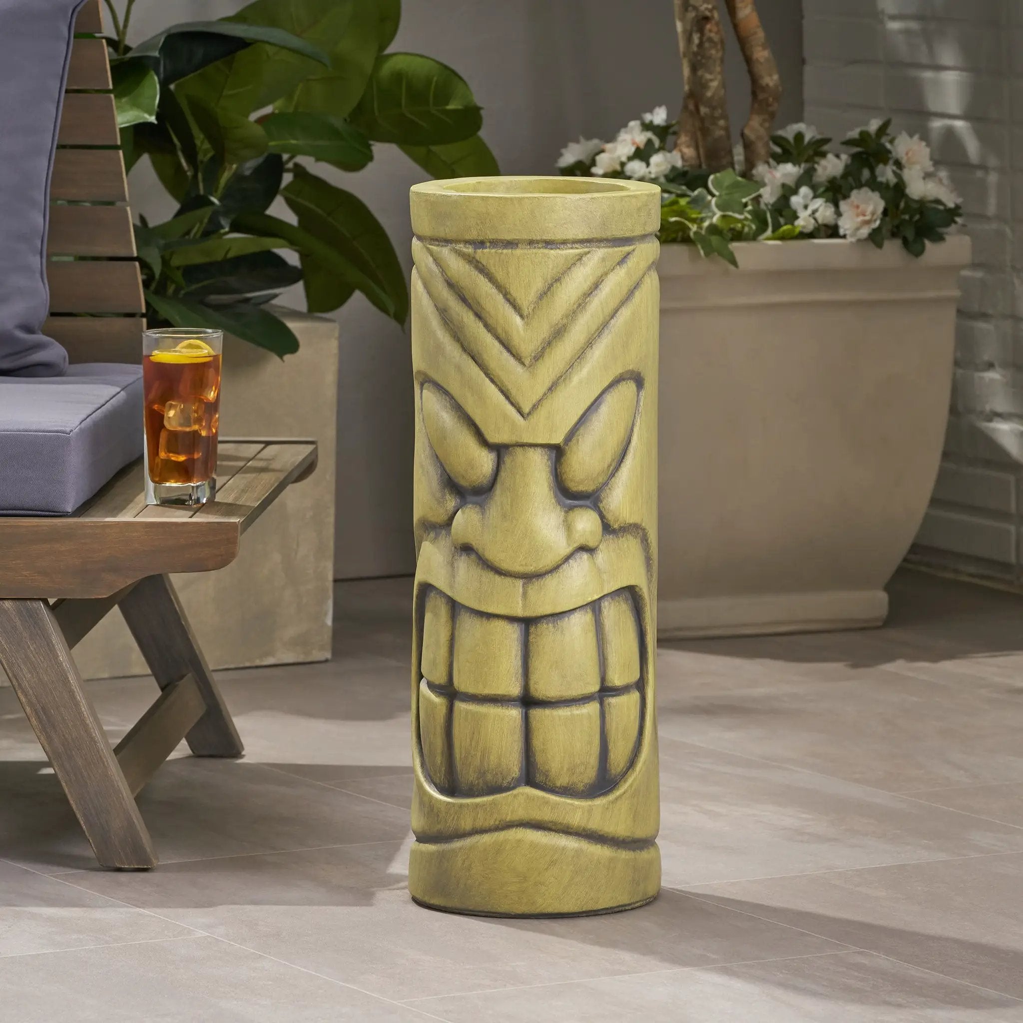 Stone Statue Urn Planter, Decorative Face Plant Pot, Antique Green Finish by HouseOfZazla