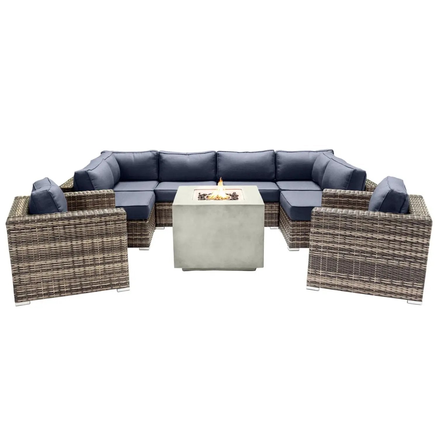 Premium 6 Person Wicker Patio Seating Group With Deep Cushions And Concrete Fire Pit - Gray Mix by HouseOfZazla