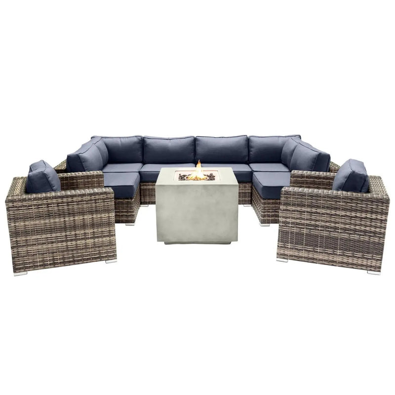 Premium 6 Person Wicker Patio Seating Group With Deep Cushions And Concrete Fire Pit - Gray Mix by HouseOfZazla