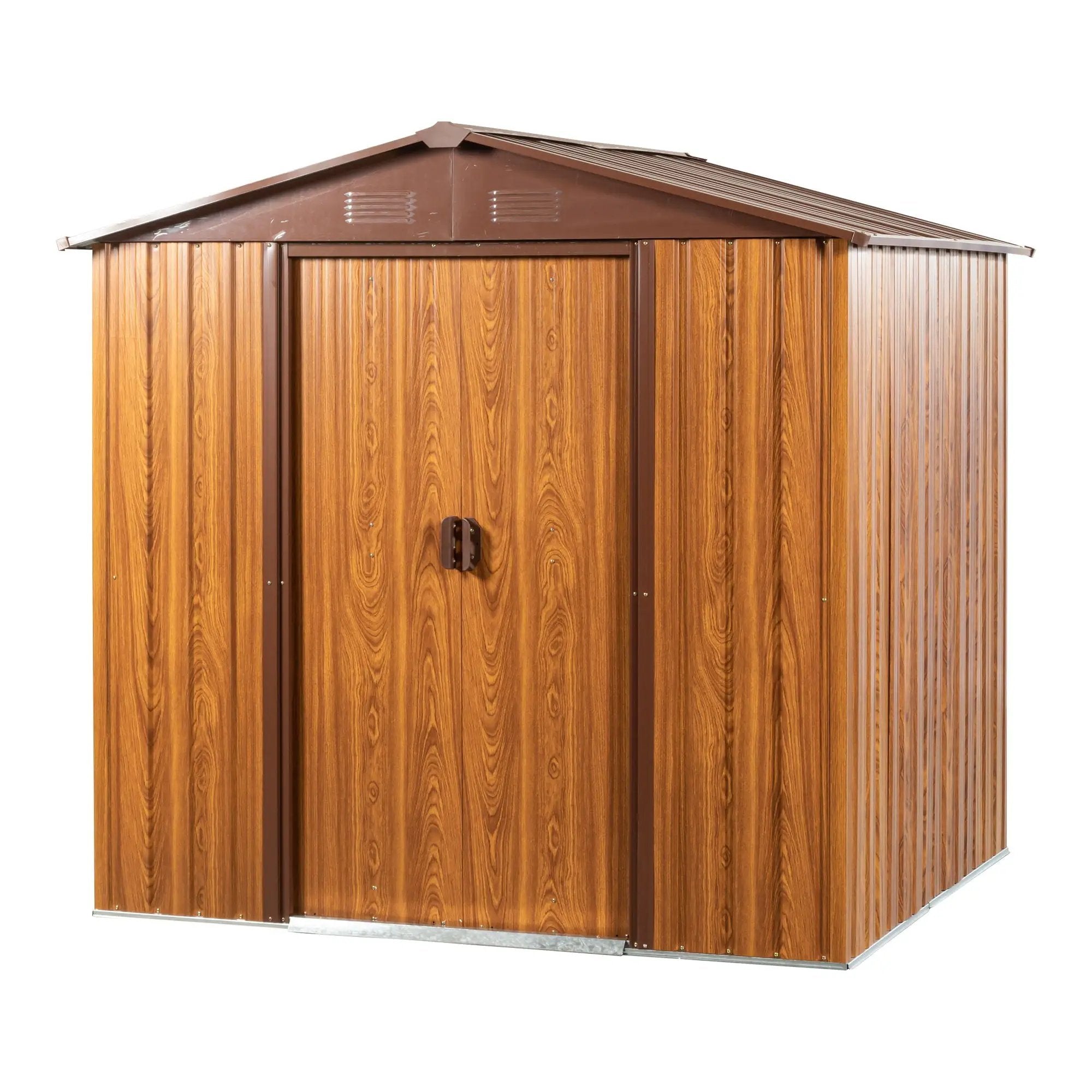 Metal Storage Shed Appealing Horizontal Siding In Woodgrain With Coffee Trim To Complement - Light Brown by HouseOfZazla