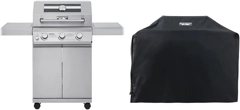 Monument Grills Larger 3-Burner Propane Gas Grills Barbeque Stainless Steel Heavy-Duty Cabinet Style with BBQ Cover (2 Items) by GreenHaven Gardens