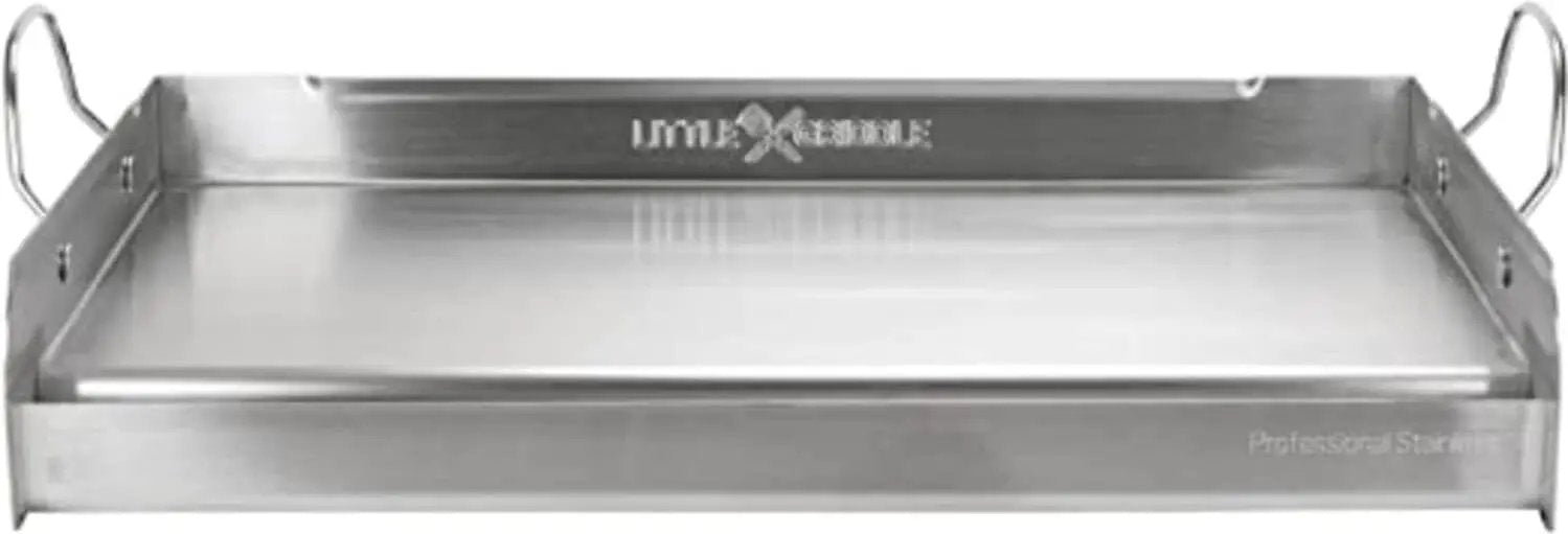 LITTLE GRIDDLE 100% Stainless Steel Griddle with Even Heat Cross Bracing and Removable Handles - For Grills, Camping, Tailgating, Silver, 25" x 16" x 6.5" by GreenHaven Gardens