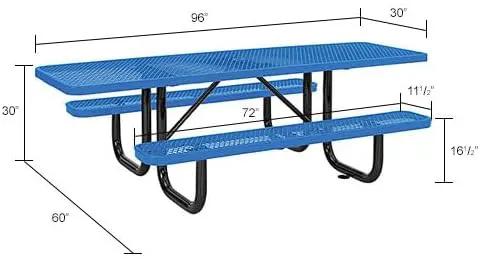 Global Industrial 8'L Rectangular Picnic Table, ADA Compliant, Expanded Metal, Blue Thermoplastic Coating, Attached Benches, 1-1/2” Umbrella Pole Hole, Outdoor-Rated by GreenHaven Gardens