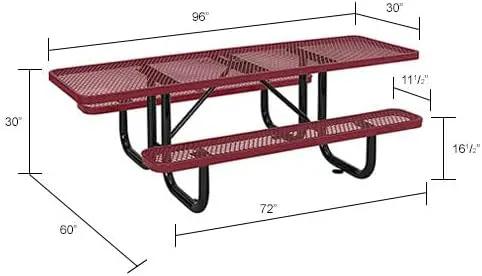 Global Industrial 8'L Rectangular Picnic Table, ADA Compliant, Expanded Metal, Red Thermoplastic Coating, Attached Benches, 1-1/2” Umbrella Pole Hole, Outdoor-Rated by GreenHaven Gardens