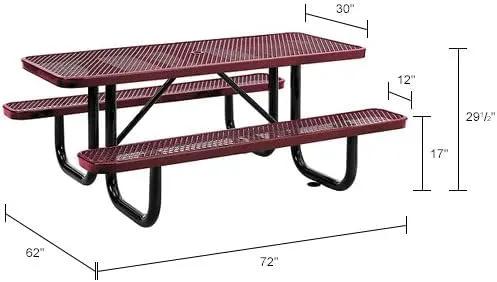 Global Industrial 6’L Rectangular Picnic Table, Expanded Metal, Red Thermoplastic Coating, Attached Benches, 1-1/2” Umbrella Pole Hole, Outdoor-Rated, 1000 lb Capacity, 72” x 30” Tabletop by GreenHaven Gardens